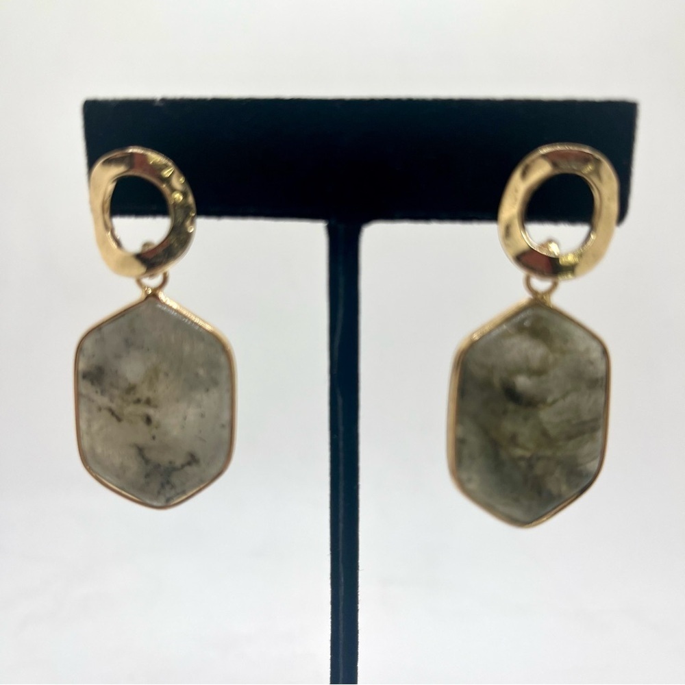 Green Stone Drop Earrings | Gold Tone Geometric Dangle | Natural Stone Look
